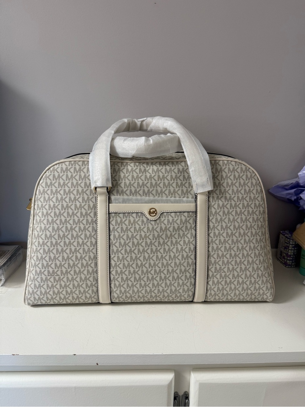 Michael Kors Cream Signature Duffle Travel Bag with Gold Hardware